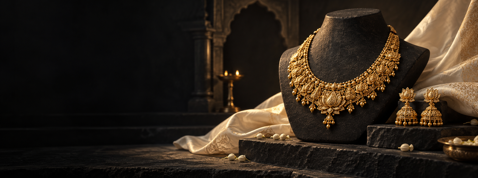 An ornate gold necklace and earrings on a dark display