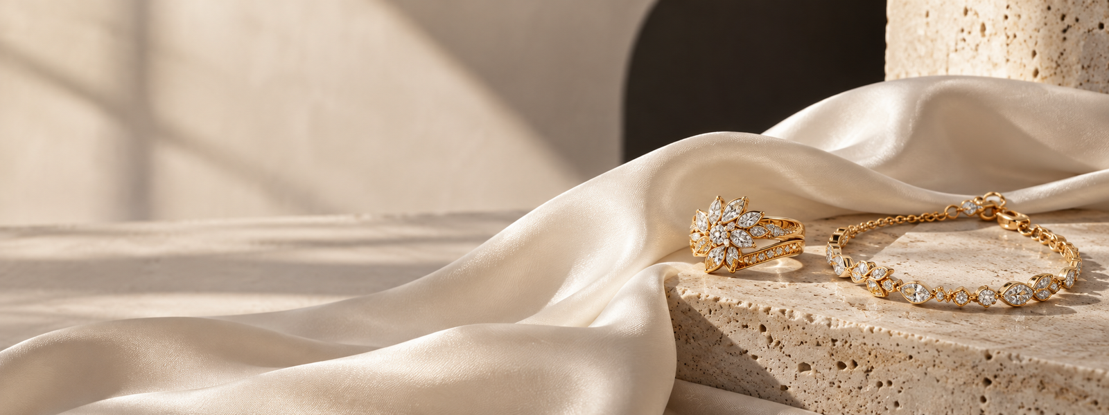 A gold diamond ring and bracelet arranged on ivory silk
